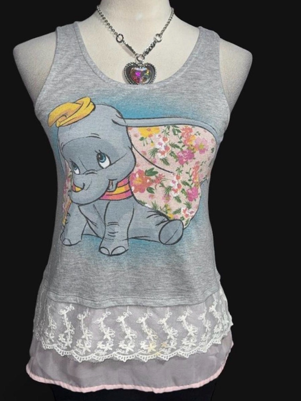 Disney Grey Dumbo Floral Tank with Lace Hem
